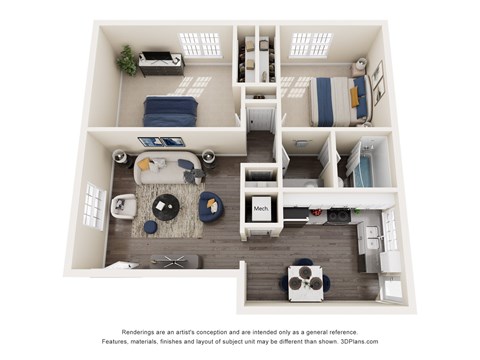 Floor plan for 2 beds, 1 bath, 1048 sqft
